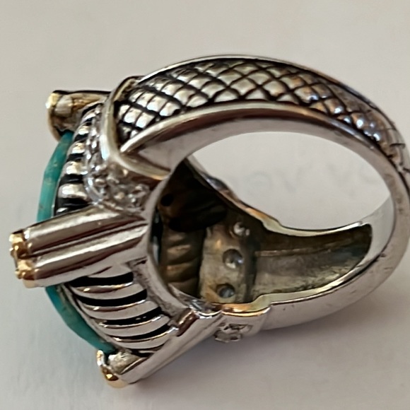 Lovely Checkerboard Faceted Turquoise Ring CZ Sterling Silver Ring Sz.7 - Picture 6 of 11